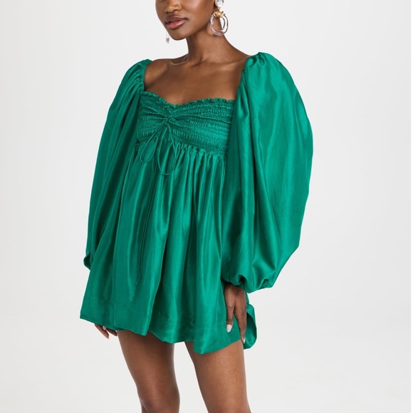 NWT AZEEZA Rey silk puff sleeve mini dress in forest green - Picture 1 of 5